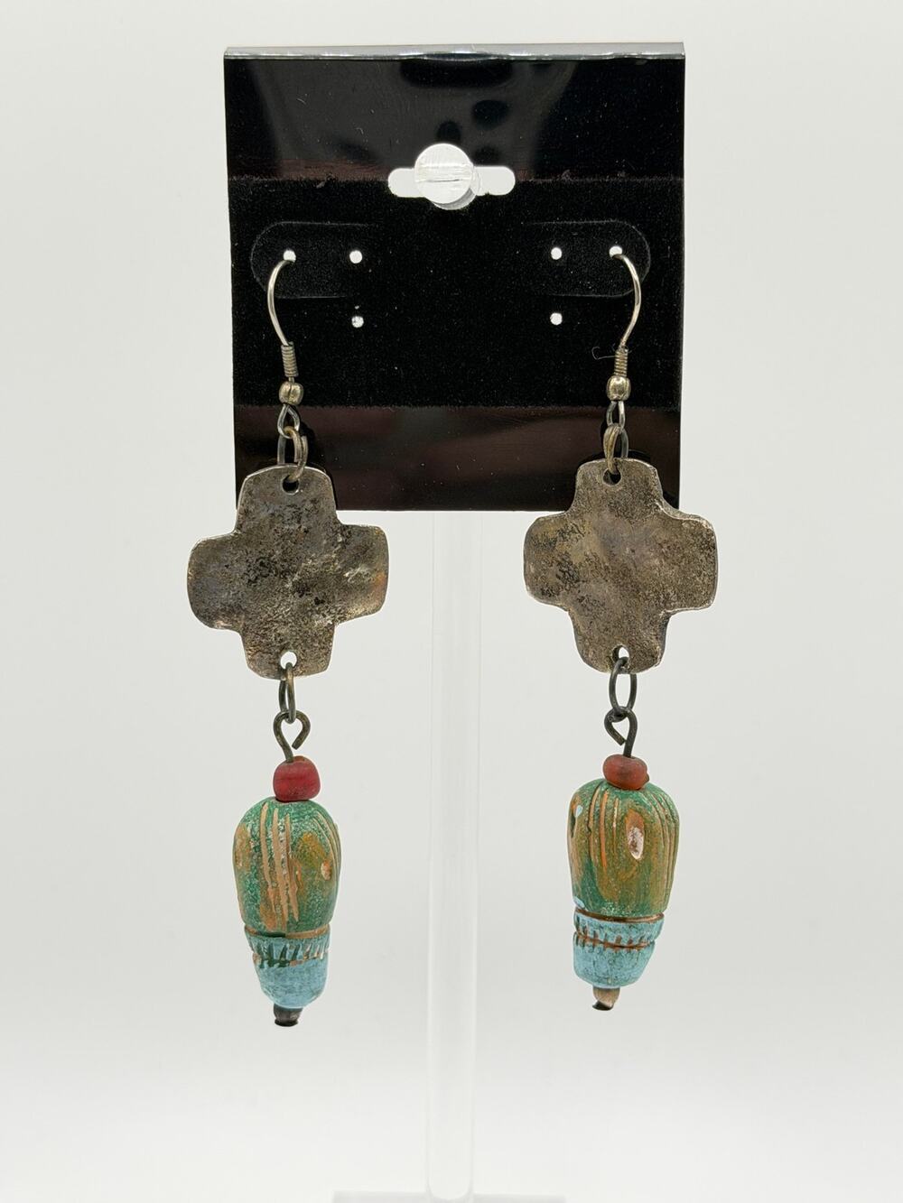 Southwestern Cross Turquoise Wood Dangle Earrings | Rustic Boho